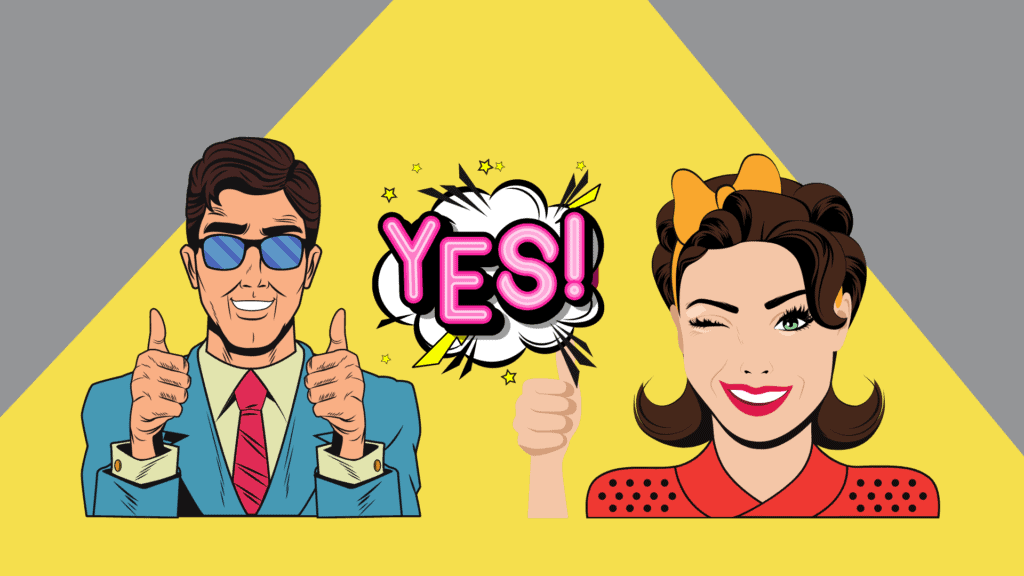 27 Questions To Ask Before You Hire A Wedding Planner 2 Happy couple celebrating with thumbs up.