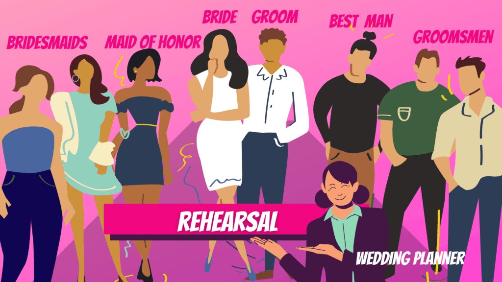 27 Questions To Ask Before You Hire A Wedding Planner 3 Wedding rehearsal with bridal party members.