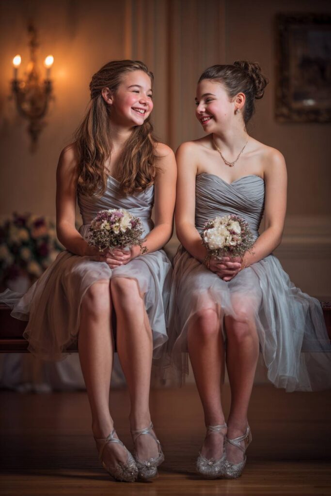 What Is A Junior Bridesmaid? 1 Two junior bridesmaids in silver bridesmaid dresses