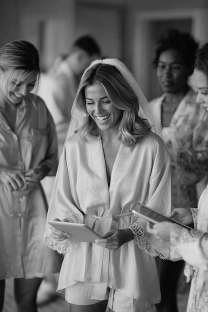 Bride in a silk robe and veil smiling while holding a tablet, surrounded by bridesmaids in matching robes during wedding morning preparations