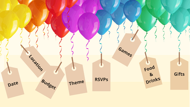 27 Bridal Shower Ideas That Feel Fresh, Fun, and Actually Personal 4 Colorful balloons with tags showing key party planning elements such as date, location, budget, theme, RSVPs, games, food and drinks, and gifts."