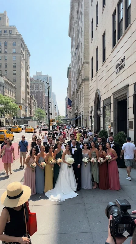 Who Is In A Wedding Party? 2 Large wedding party posing on a city street with bride and groom, bridesmaids holding bouquets, groomsmen in suits