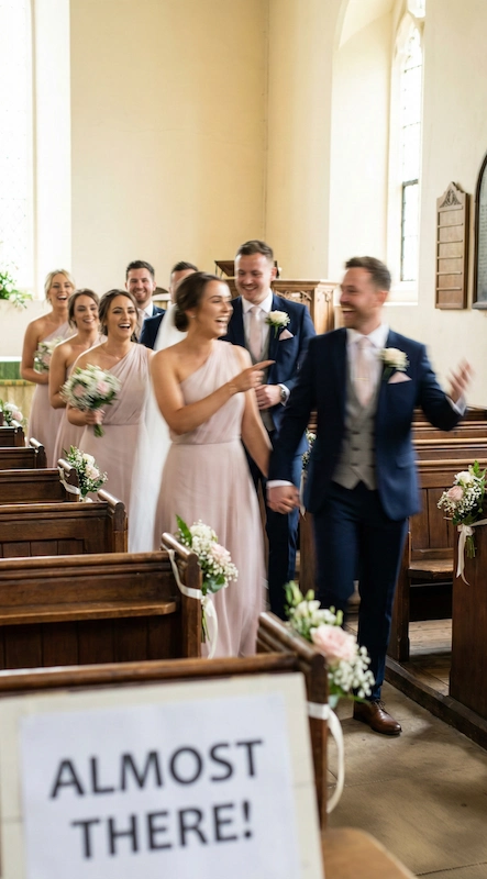 Who Is In A Wedding Party? 10 Wedding party walking down church aisle laughing, bridesmaids in blush dresses and groomsmen in navy suits after ceremony