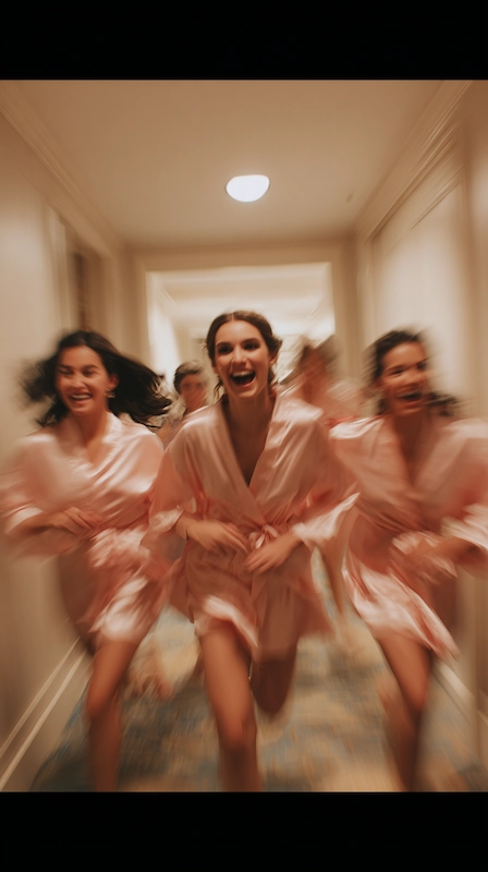 Who Is In A Wedding Party? 5 Bridesmaids in blush robes running joyfully down a hotel hallway during wedding morning getting ready moments
