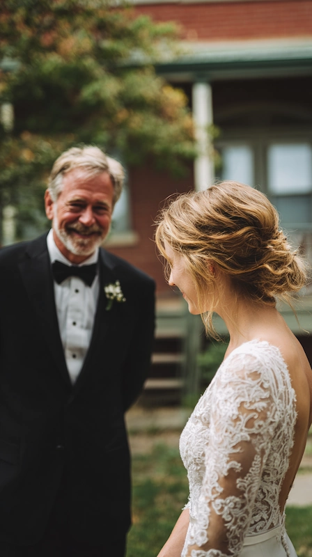 Who Is In A Wedding Party? 7 Emotional father daughter first look as bride in lace gown shares a quiet moment before the wedding ceremony