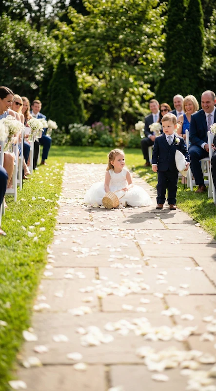 Who Is In A Wedding Party? 6 Flower girl sitting on a petal lined aisle with ring bearer walking ahead during an outdoor garden wedding ceremony