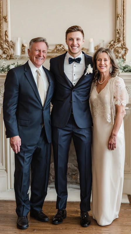 Who Is In A Wedding Party? 8 Groom in a navy tuxedo posing with his parents indoors, smiling together before the wedding ceremony