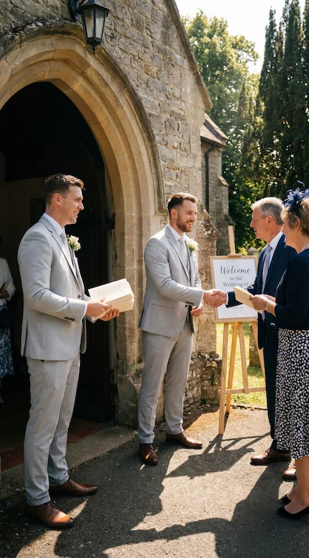 Who Is In A Wedding Party? 9 Groom and groomsmen greeting guests at church entrance with wedding programs during a traditional outdoor ceremony