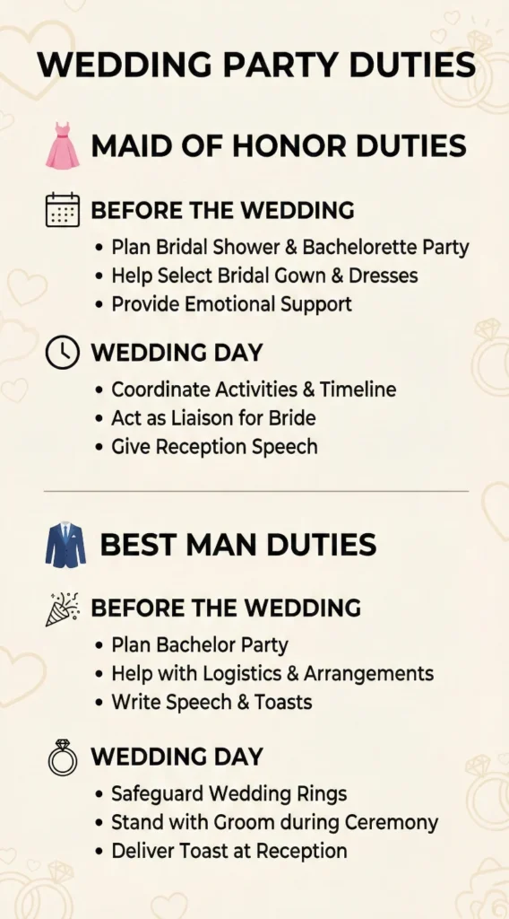 Who Is In A Wedding Party? 4 Wedding party duties infographic outlining maid of honor and best man responsibilities before the wedding and on the wedding day