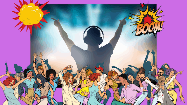 Is It Rude To Leave A Wedding Early? A Guide On Manners 2 Colorful cartoon of a lively dance party with a DJ silhouette in headphones raising arms on stage, surrounded by energetic people dancing