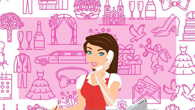 Woman planning wedding with various icons.