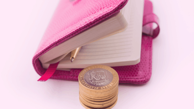 Why Are Weddings So Expensive? (Explained) 1 Pink planner with stacked coins in front of it to symbolize why are weddings so expensive