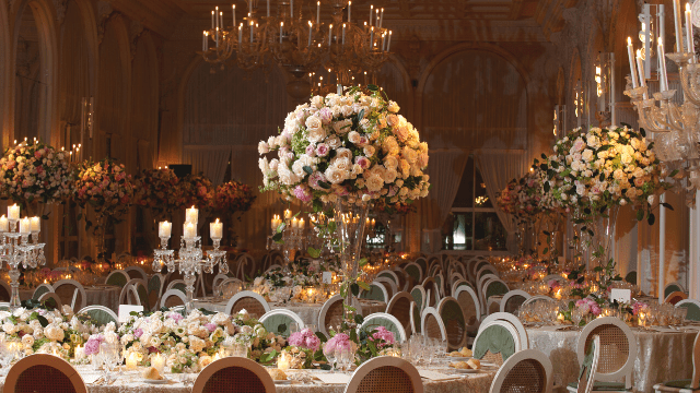Elegant wedding reception with floral arrangements