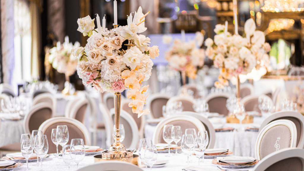 Elegant wedding reception with floral centerpieces