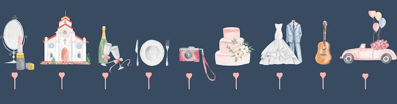 Getting married? Here's How to Avoid Wedding Planning Anxiety! 2 Illustrated wedding icons on a dark background, including lipstick, church, champagne, dinnerware, camera, cake, attire, guitar, and getaway car with balloons