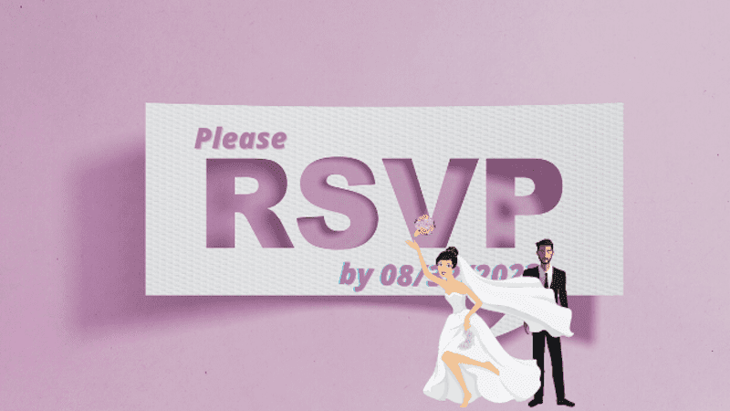 Wedding RSVPs - How to Politely Ask Guests If They're Coming to Your Wedding 2 Wedding RSVP graphic on a pink background with large “RSVP” text, featuring illustrated bride and groom.