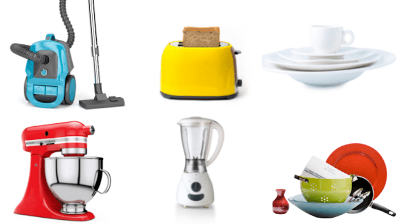 Colorful kitchen appliances and dinnerware