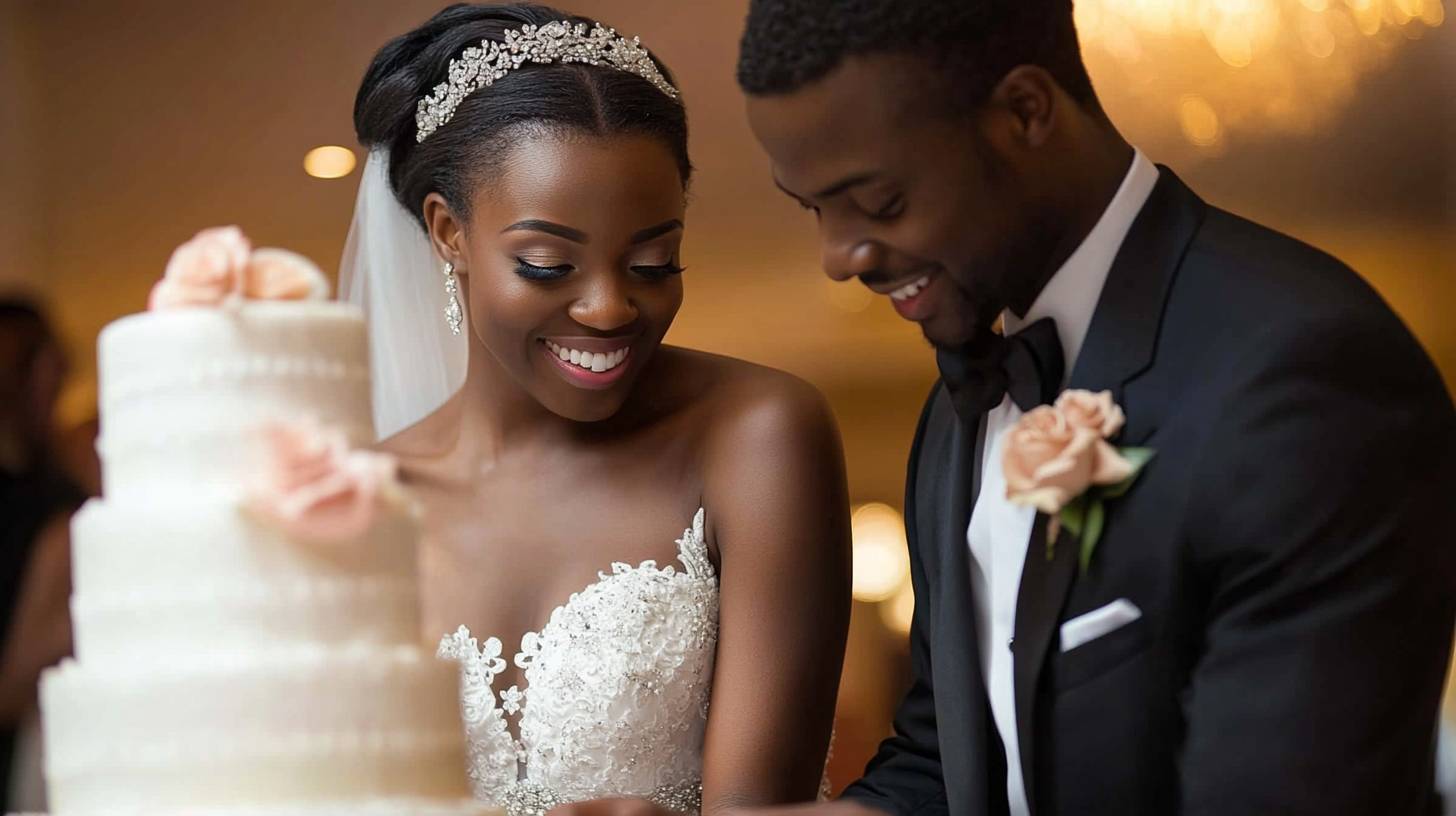 Couple celebrating with wedding cake.