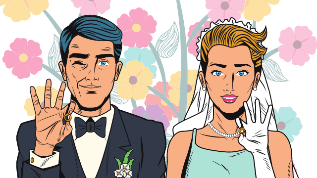Wedding Advice 11 Cartoon-style bride and groom smiling and holding up wedding rings with colorful flowers in the background
