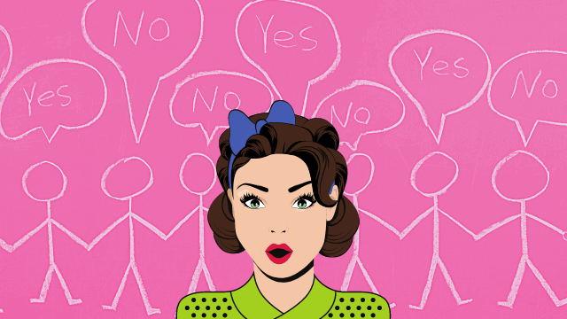 Wedding Planning Risks: What Could Go Wrong? 3 Pop art style woman looking surprised with background of stick figures holding “Yes” and “No” speech bubbles