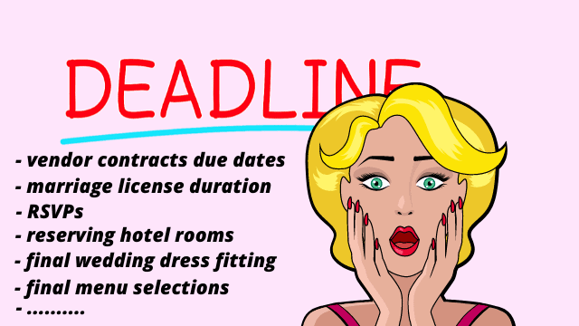 Wedding Planning Risks: What Could Go Wrong? 2 Cartoon bride looking stressed with bold “Deadline” text and a wedding planning checklist of contracts, RSVPs, dress fittings, and menu selections