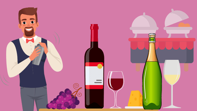 Wedding Planning Risks: What Could Go Wrong? 4 Cartoon bartender shaking a cocktail beside bottles of wine and champagne with cheese and grapes on the table
