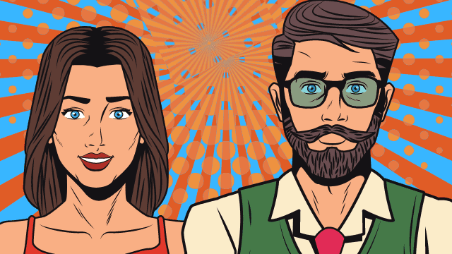 Wedding Advice 9 Pop art portrait of a smiling woman and a bearded man in glasses against a retro orange and blue radial dot background.