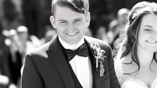 A happy couple smiling together after their wedding ceremony, with the groom in a tuxedo and bow tie, and the bride beside him, beaming joyfully