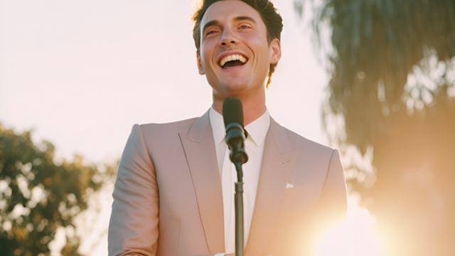 How To Give The Best Best Man Speech 3 Best Man smiling and delivering a speech with a microphone in hand during a wedding ceremony at sunset