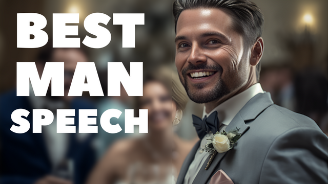 Wedding Advice 8 Smiling Best Man in a tuxedo at the wedding, with text 'BEST MAN SPEECH' in bold across the image