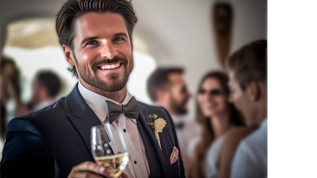 How To Give The Best Best Man Speech 2 Smiling Best Man in tuxedo holding a glass of wine, raising a toast during a wedding reception