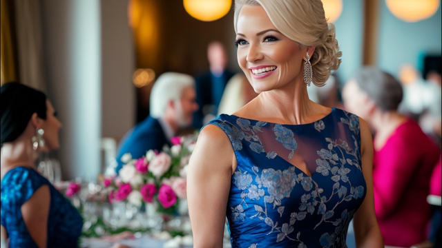 Mother of the bride in an elegant blue floral dress smiling at a wedding reception, with flowers and guests in the background