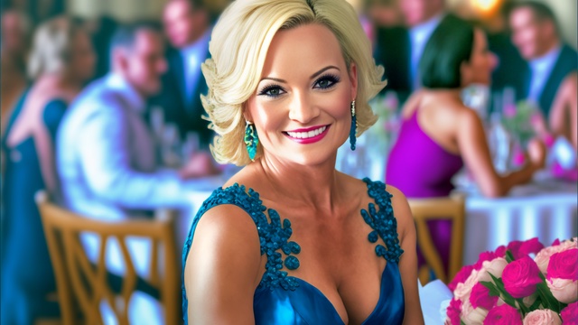 What To Wear As Mother Of The Bride 3 Mother of the bride in a teal lace-strap evening dress, smiling at a wedding reception table with pink roses in the foreground.