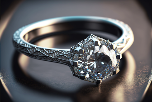 White-gold engagement ring with a round brilliant center diamond in an octagonal halo and a band engraved with geometric, textured patterns
