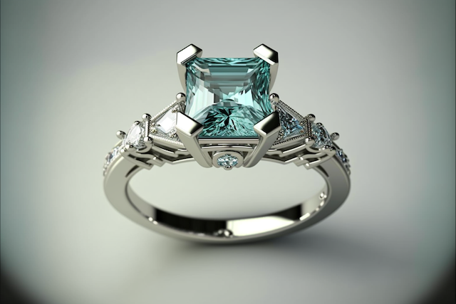 White-gold engagement ring with a princess-cut aquamarine center and white diamond side stones in a vintage-inspired cathedral setting.