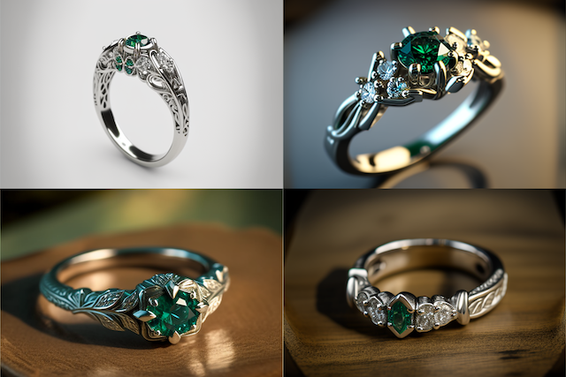 Collage of four custom engagement rings featuring green gemstones and nature-inspired bands—filigree, vine, and marquise shapes in white gold.