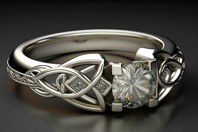 White-gold Celtic knot engagement ring with a round brilliant center diamond and knotwork band accented by small diamonds