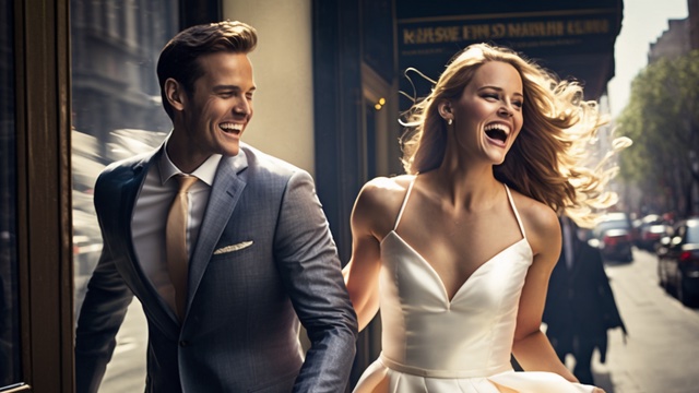 Engagement Rings 18 Joyful couple in wedding attire walking through a city street, symbolizing personalized engagement ring and wedding band choices.