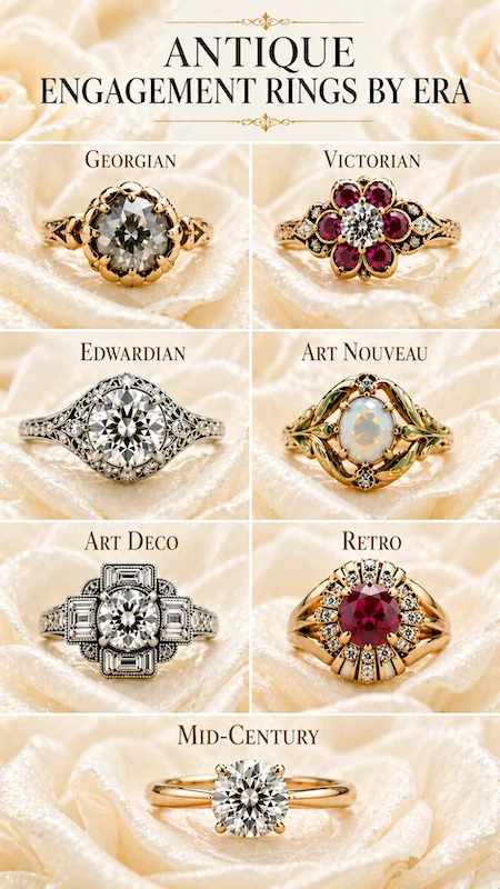 Antique and Vintage Engagement Rings: The Complete Buyer's Guide 3 Antique engagement rings by era collage showing Georgian, Victorian, Edwardian, Art Nouveau, Art Deco, Retro and Mid-Century