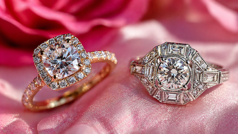 Engagement Rings 16 Two diamond engagement rings on pink satin, one rose gold halo cushion cut and one vintage-style round diamond with baguettes