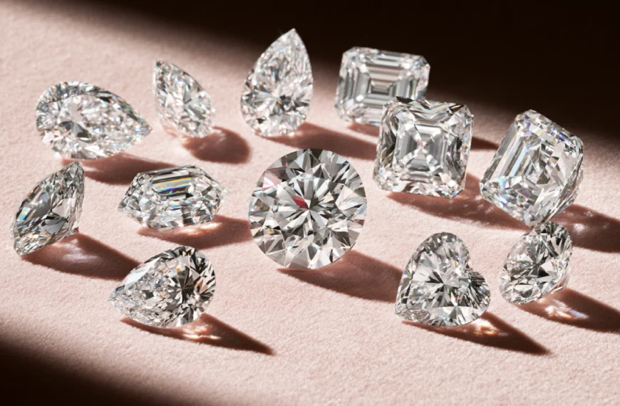 Engagement Rings 2 Popular engagement ring diamond shapes arranged on blush velvet, including round, pear, heart, emerald, oval, and square cuts