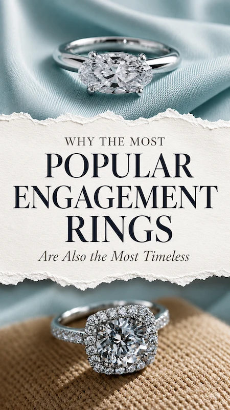 Popular Engagement Rings That Will Still Turn Heads in 20 Years 13 Popular timeless engagement rings featuring oval solitaire and halo diamond rings on elegant soft blue fabric backgrounds