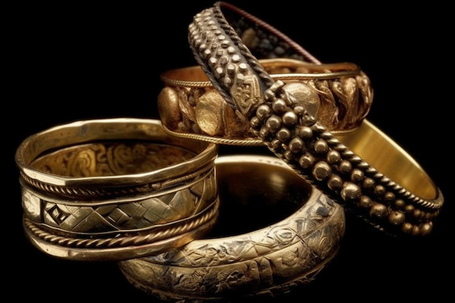 Antique gold rings with ornate engravings and beaded granulation stacked against a black background