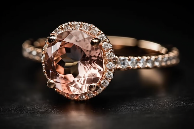 Rose gold engagement ring with round pink gemstone, diamond halo, and pavé band on a black background
