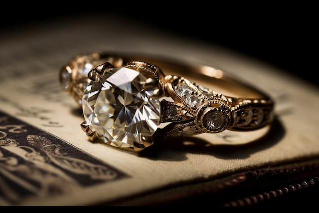 Vintage yellow gold engagement ring with round brilliant diamond, milgrain filigree and side stones, photographed on an antique book.