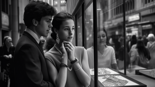 Engagement Rings 12 Black and white photo of a couple admiring engagement rings through a shop window, symbolizing love and commitment