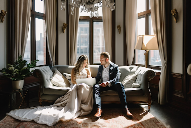 Couple sitting together on a velvet sofa in a sunlit room, reviewing wedding ring options on a laptop.