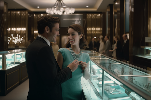 Smiling couple trying on rings in a glamorous jewelry boutique, celebrating a thoughtful wedding ring upgrade.