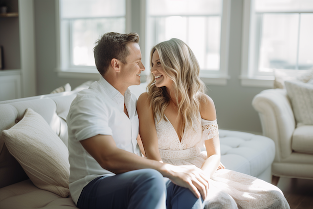 Smiling couple on a sunlit sofa, sharing a tender moment and talking about their wedding ring plans