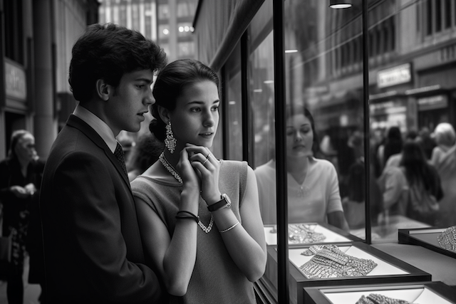 Black and white photo of a couple admiring engagement rings through a shop window, symbolizing love and commitment
